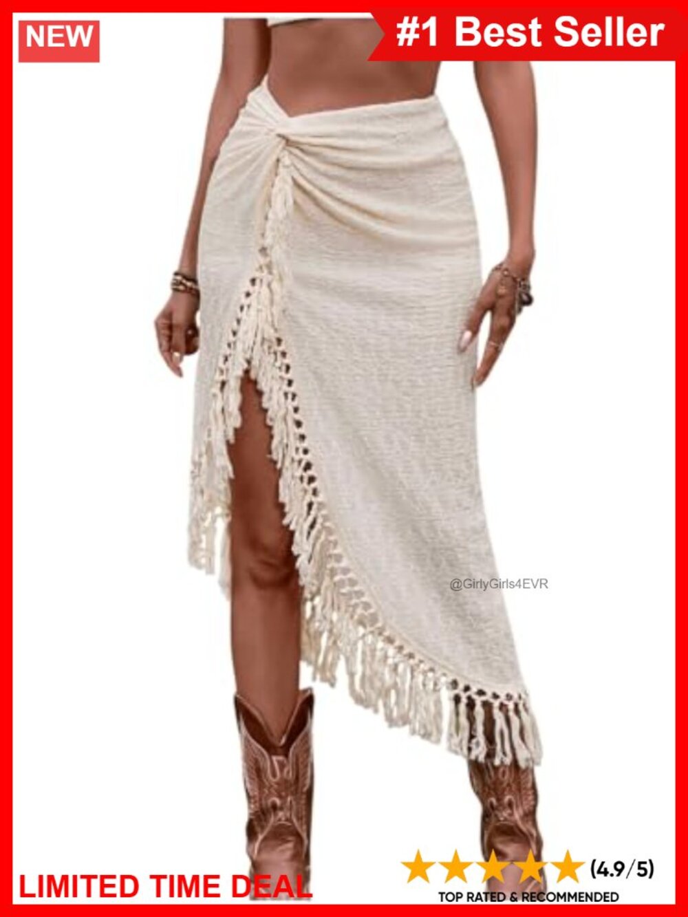 Boho Fringe Tassel Midi Skirt High Waist Twist Front Slit Asymmetrical